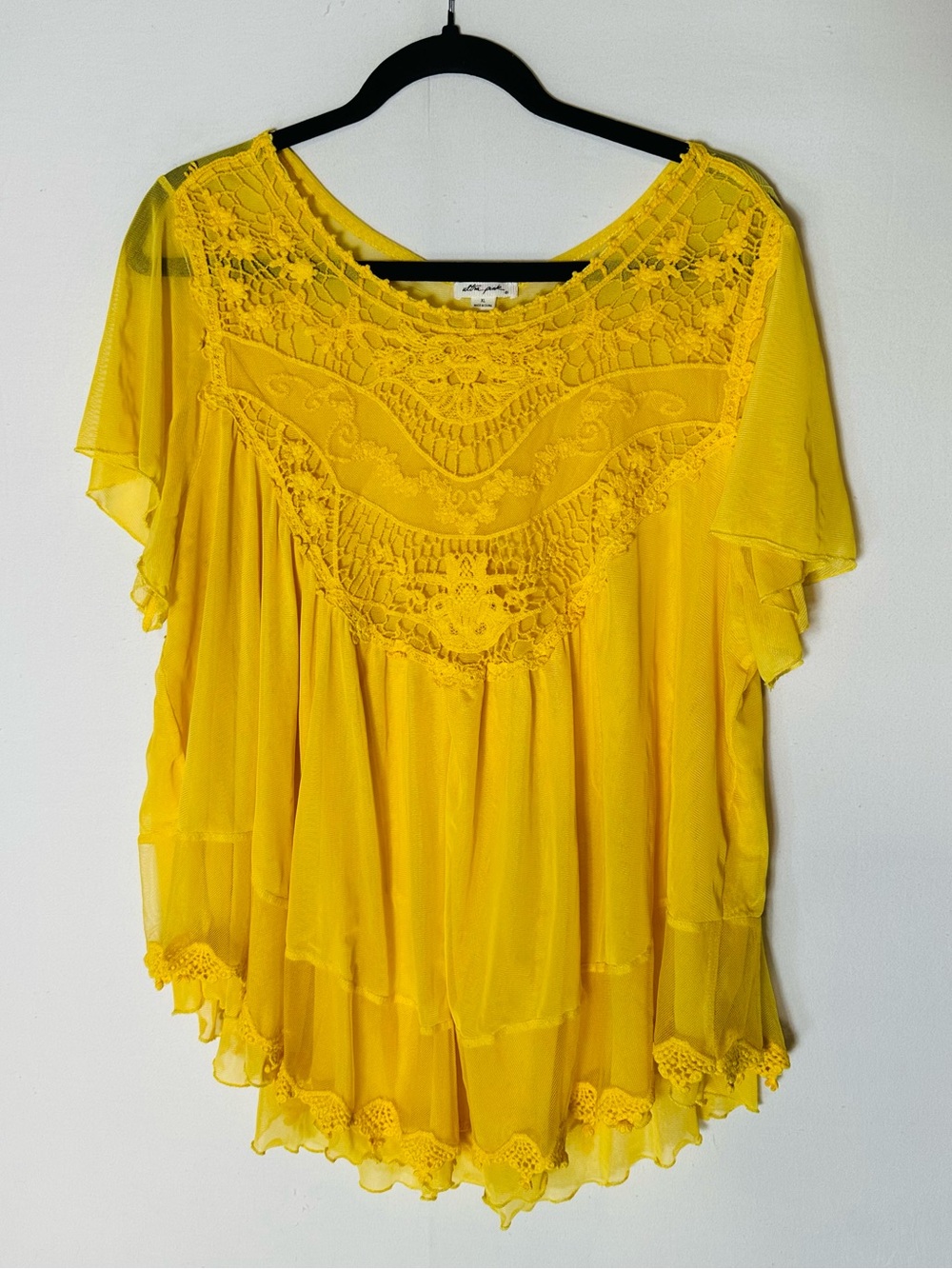 Ultra Pink Yellow Lace Crochet Mesh Top Blouse XL Whimsigoth Boho Cottagecore